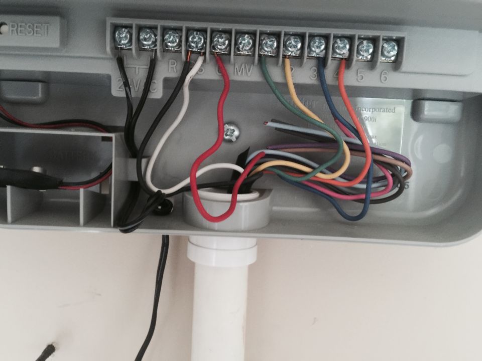 Irrigation controller wiring with terminals labeled 2, R, MV, 3, 5, 6