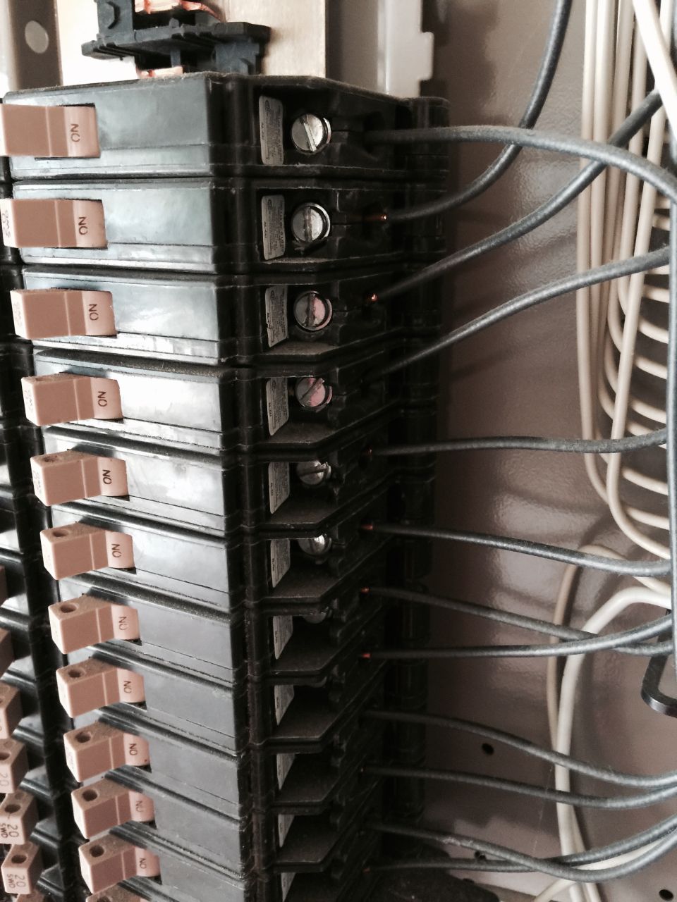 Electrical breaker panel with multiple circuit breakers and wiring