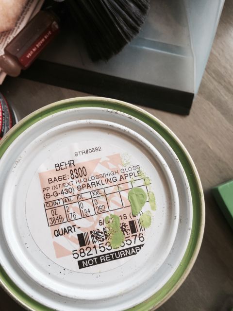 2015 Ford Deluxe - A Behr paint can lid shows the color Sparkling Apple and a date of 5/5/15.