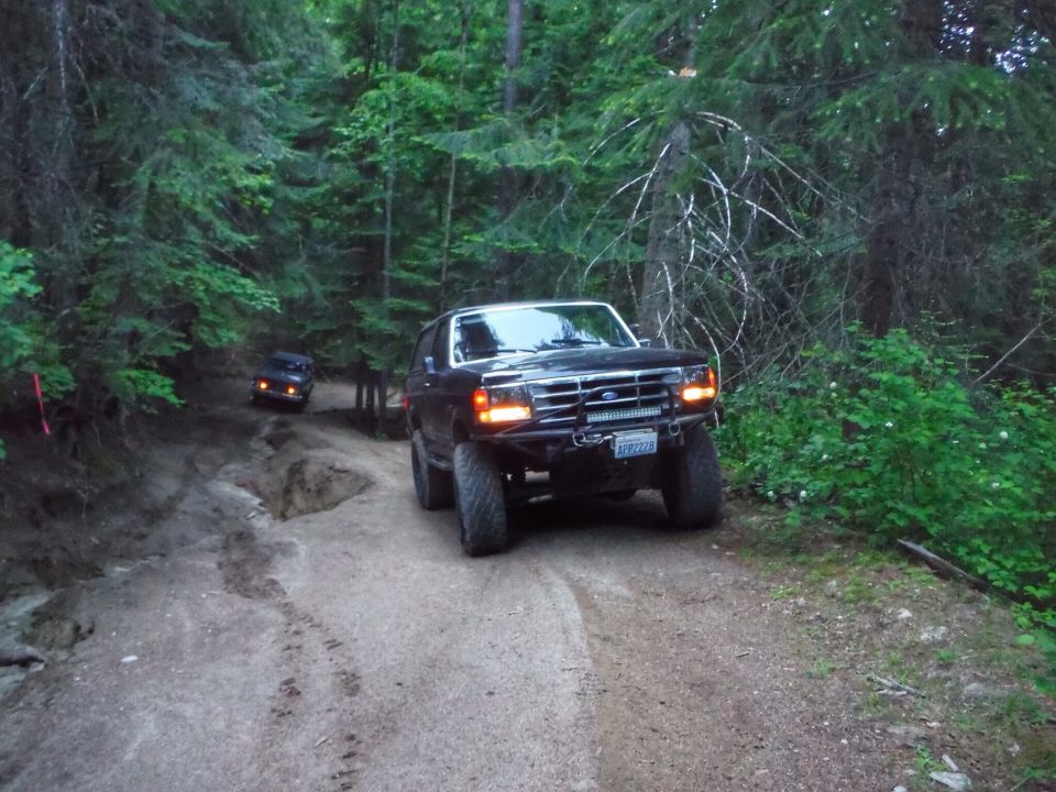 Two SUVs on a dirt road in a forest.
