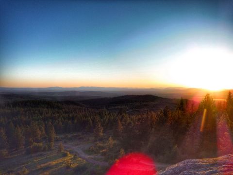 2005 Jeep Wrangler - A wide shot of a forest landscape at sunset. The sun is low on the horizon, casting a warm glow over the trees and hills. The sky transitio…