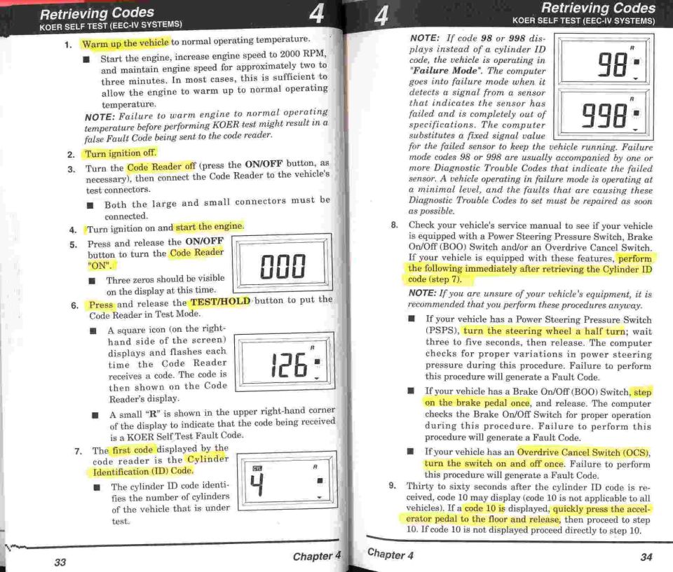 Code reader manual pages 33-34, Retrieving Codes KOER Self Test for EEC-IV systems, with highlighted steps