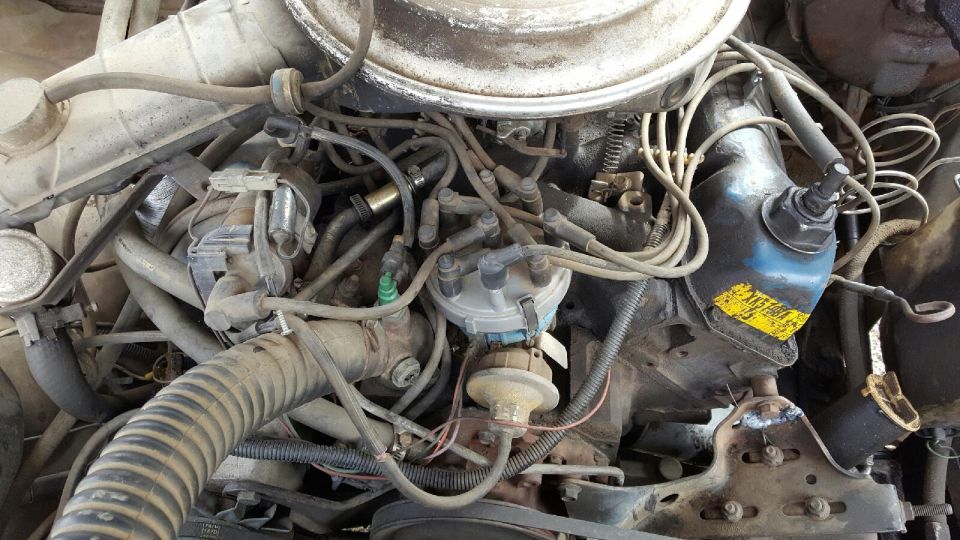 Close-up of a V8 engine with distributor, spark plug wires, and hoses.