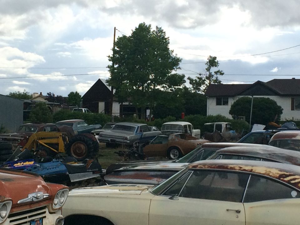 Photo of a crowded yard full of vintage project cars and a tractor