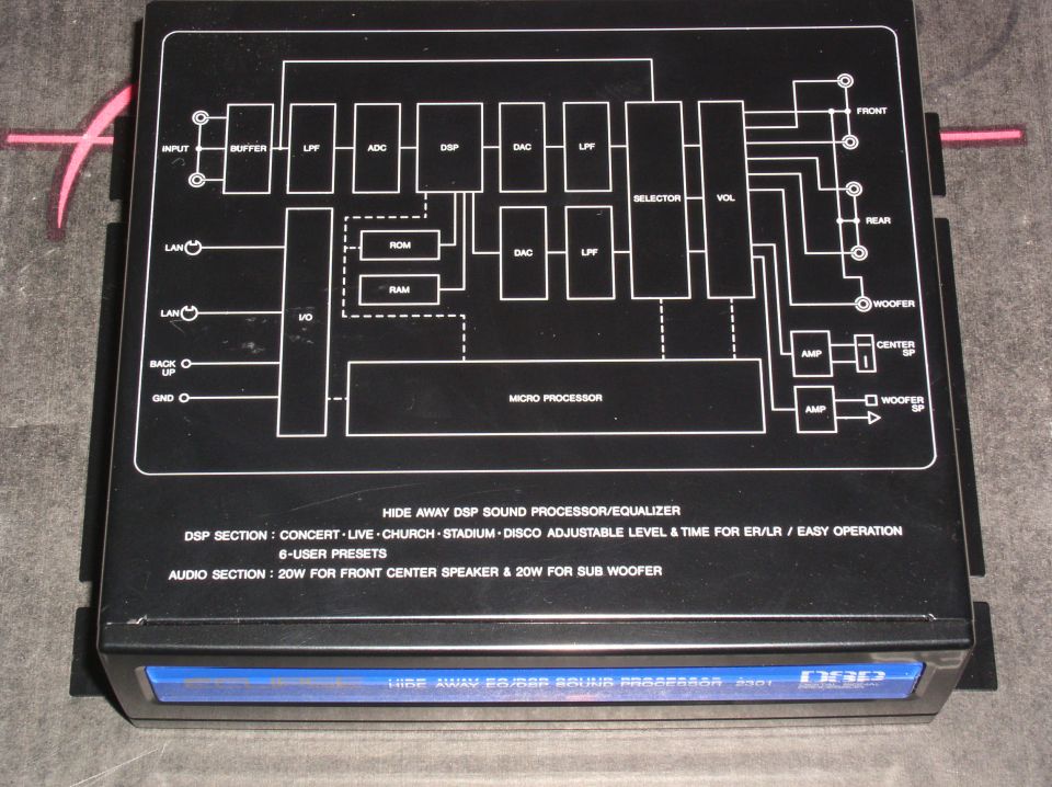 Block-diagram schematic on a hide-away DSP sound processor/equalizer