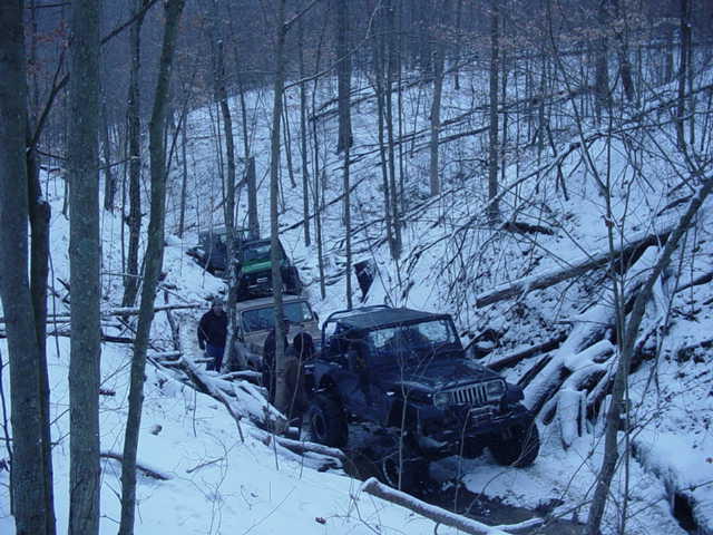 Several off-road vehicles driving on a snow-covered path through a forest with fallen trees