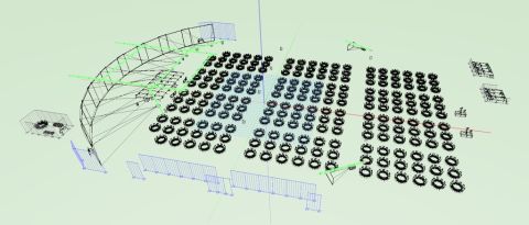 1987 Suzuki Samurai - This is a 3D rendering of a stage setup with seating and a curved truss structure. The scene depicts an event layout with multiple rows of…