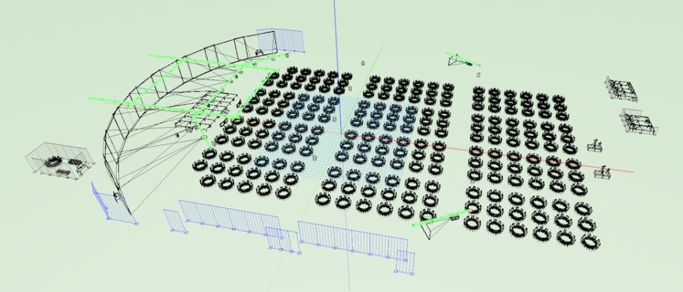 3D rendering of an event stage setup with seating and truss structure.
