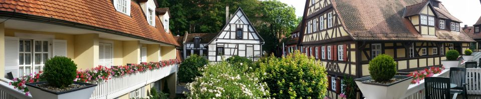 Panoramic view of traditional German architecture with red-tiled roofs and flower boxes