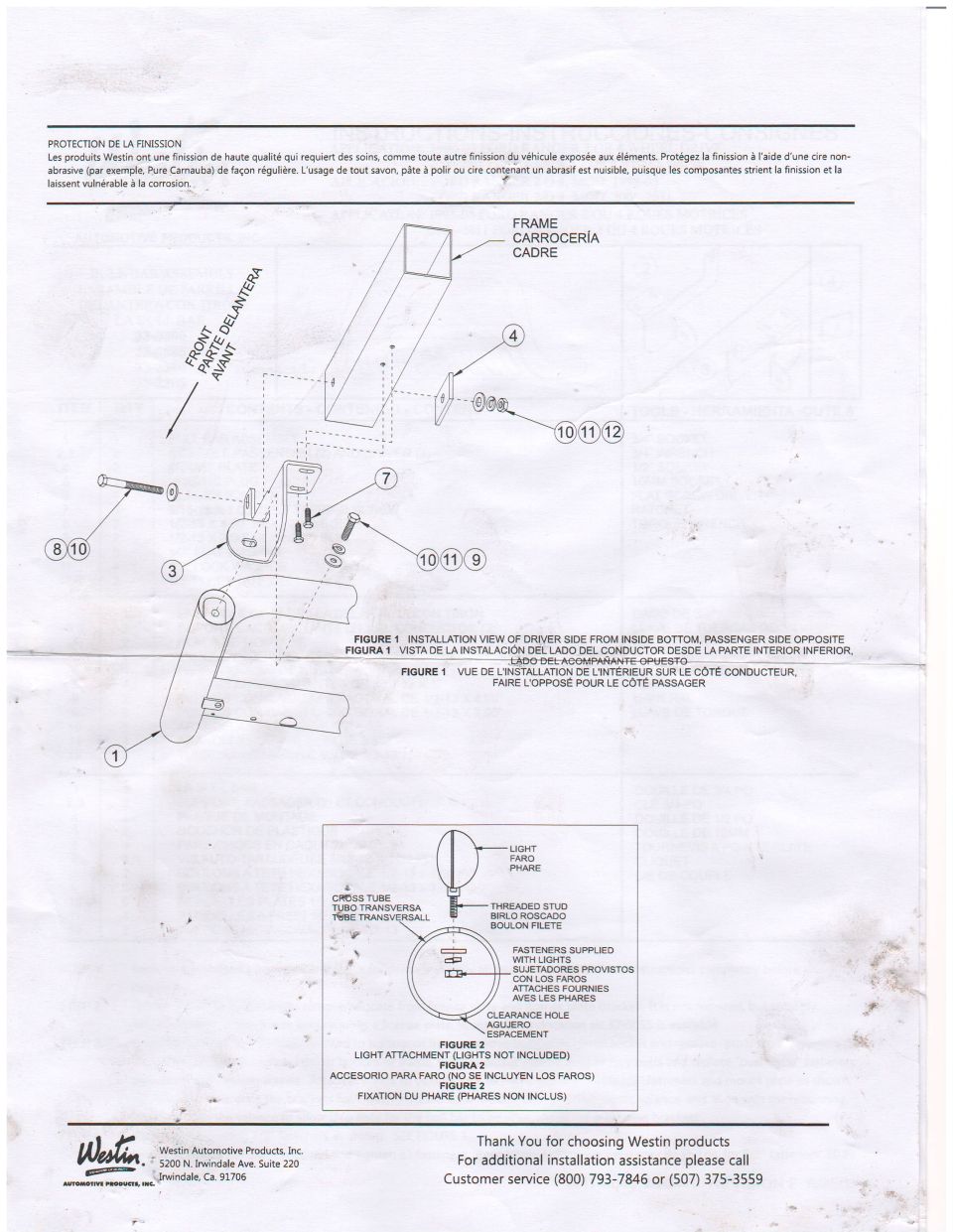 Westin light bar bracket exploded view with numbered parts on frame, Figure 1 and Figure 2 light attachment