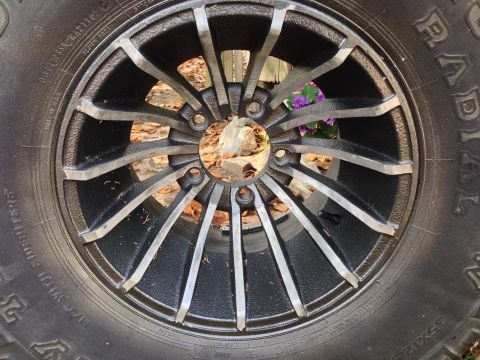 1979 Ford Bronco - Aftermarket wheel and tire detail. Text on tire sidewall is visible.