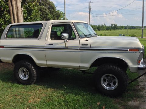 1979 Ford Bronco - This 1979 Ford Bronco is shown in a side profile, parked on a grassy area with trees and a field in the background.