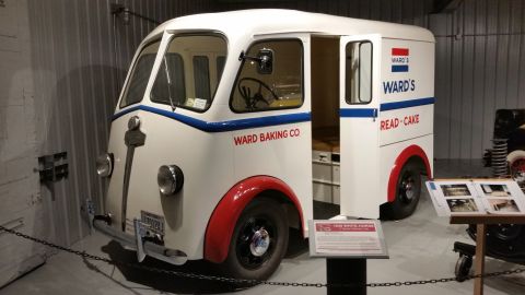 1991 Ford LTD Crown Victoria - Photograph of a vintage Ward Baking Co. delivery van on museum display, not a technical document.