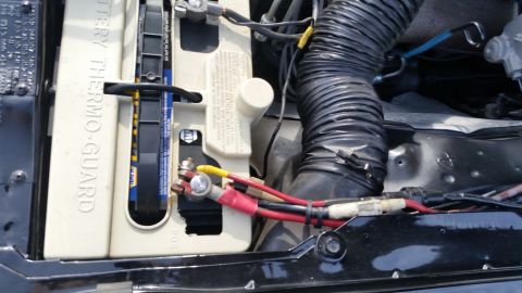 1991 Ford LTD Crown Victoria - Photograph of a Thermo-Guard battery and cable terminals in an engine bay, not a technical document.