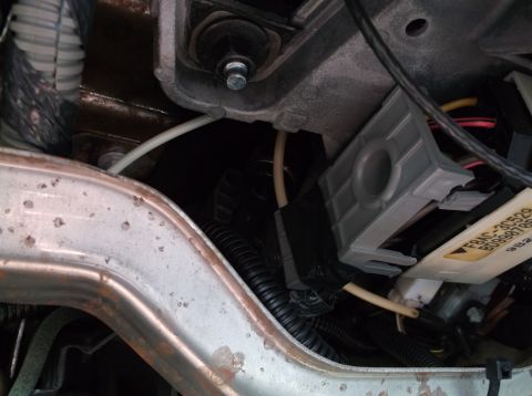 1999 Mercury Grand Marquis - A close-up view shows a gray plastic electrical connector housing attached to wiring harnesses and a metal bracket. A yellow label with bla…