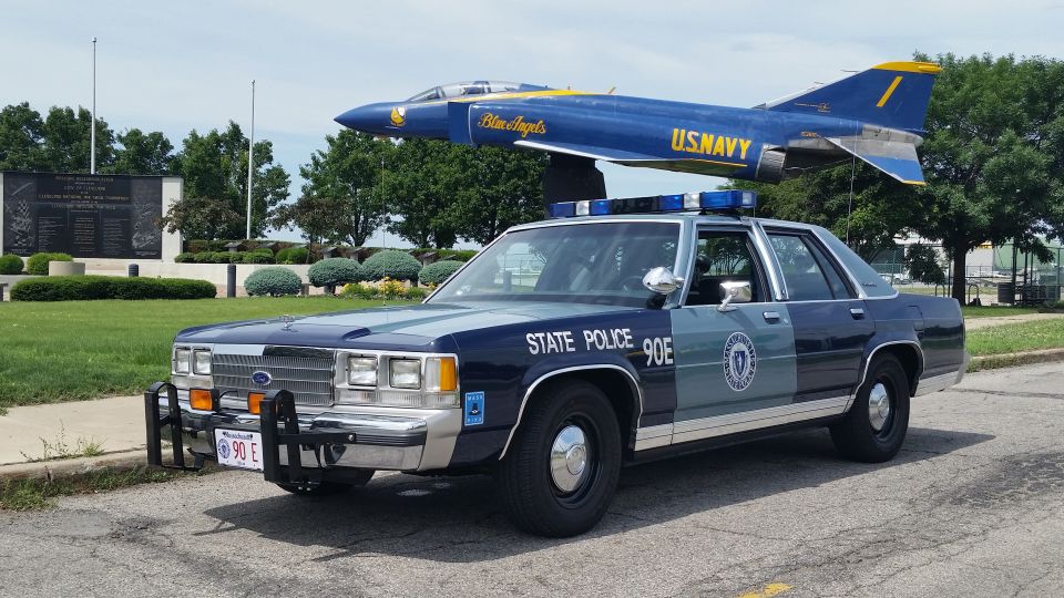 Massachusetts State Police Crown Victoria front view by U.S. Navy display jet