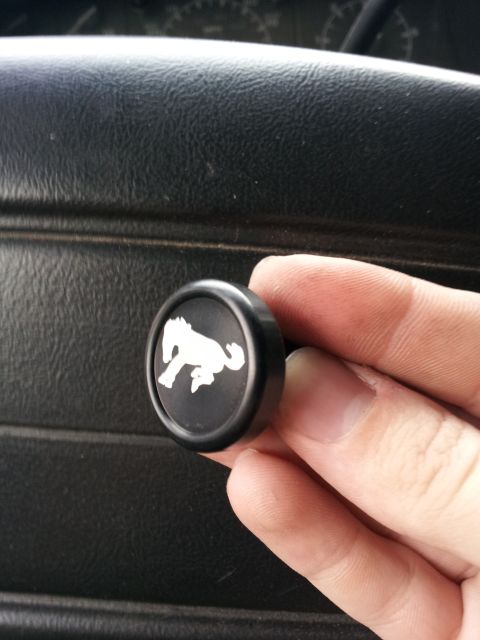 1995 Ford Bronco - A hand holds a black circular emblem with a white galloping horse silhouette, likely a Ford Bronco emblem, against a black textured dashboa…