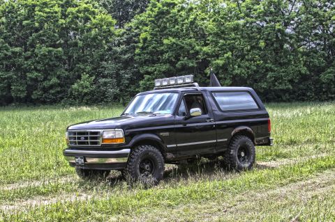 1995 Ford Bronco - A black 1995 Ford Bronco is parked in a grassy field with a dense forest in the background. The SUV has a light bar mounted on the roof rac…