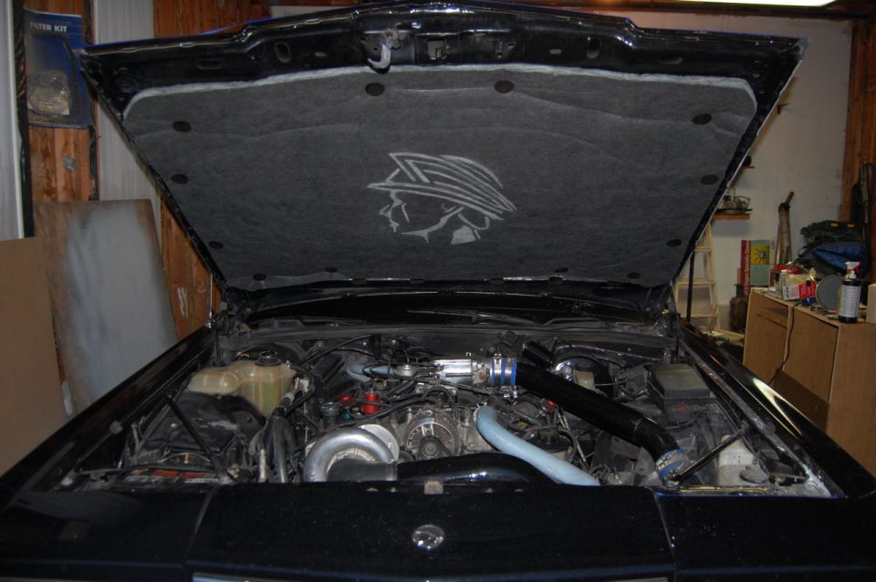 Black car engine bay with hood open, showing engine components and insulation with a graphic