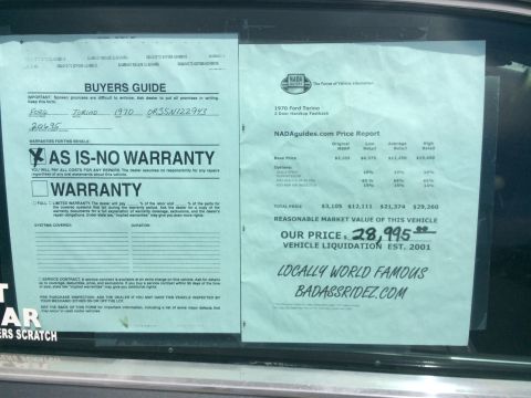 1968 Ford Mustang - Vehicle window paperwork showing an AS-IS Buyers Guide and a NADA price report for a 1970 Ford Torino with VIN and pricing.