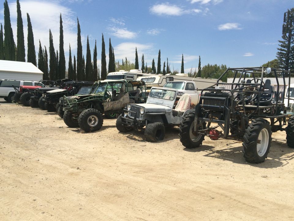 Row of off-road buggies and Jeeps parked on dirt outdoors