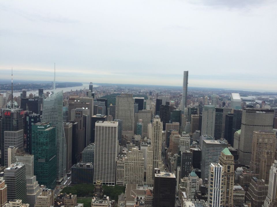 Aerial view of Manhattan skyline with river in the background