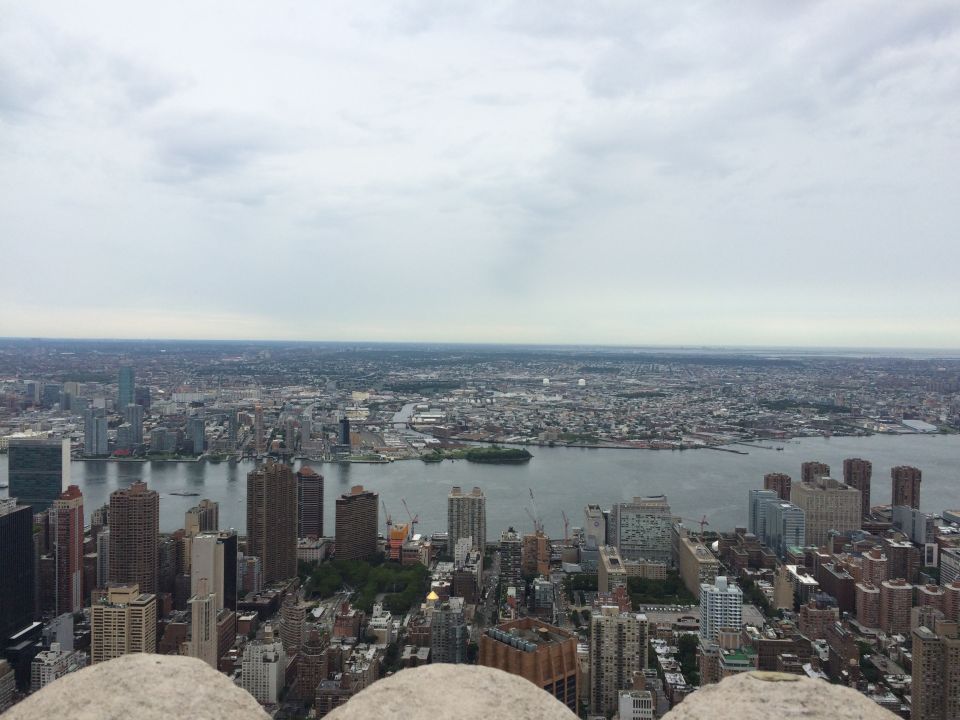 Aerial view of a city and river from a high observation deck