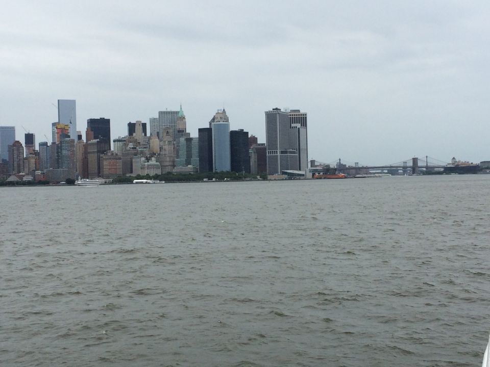 Manhattan skyline with the Brooklyn Bridge in the distance