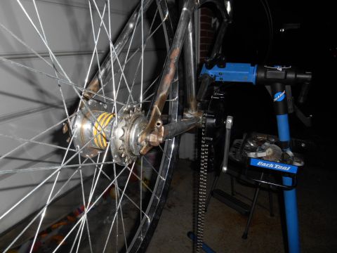 Bicycle rear wheel with spokes, cassette, and chain on a repair stand. Park Tool logo visible