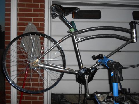 Chrome bicycle frame with sprung seat and 3-speed hub