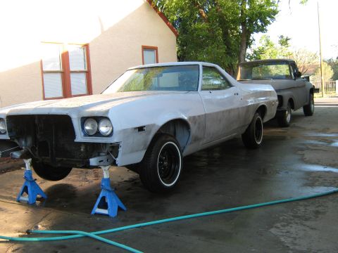 1973 Ford Ranchero - This 1973 Ford Ranchero is undergoing restoration, with its front end removed and resting on jack stands.