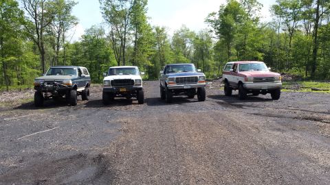 1979 Ford Bronco - A group of four Ford Broncos are lined up on a dirt road, surrounded by trees.