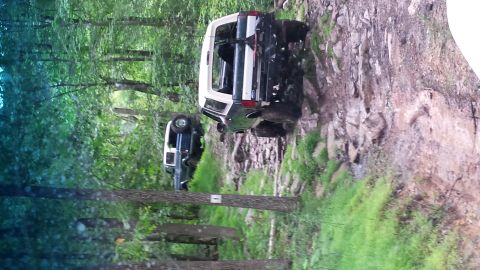 1979 Ford Bronco - Two SUVs are shown navigating a challenging, rocky trail through a dense forest.