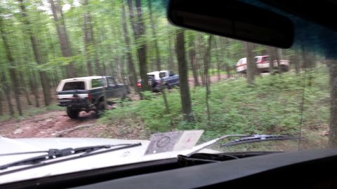 1979 Ford Bronco - Several SUVs and trucks navigate a wooded path, suggesting an off-road excursion.