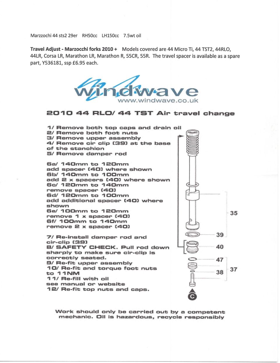 Windwave 2010 Marzocchi 44 RLO / 44 TST air travel change steps with spacer and parts diagram