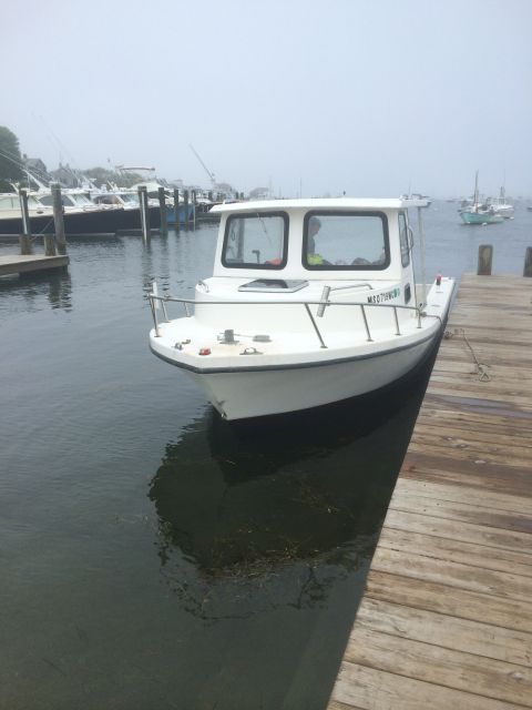 1993 Ford Bronco - A white boat is moored to a wooden dock in a harbor with other vessels in the background.