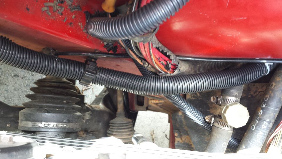 Automotive wiring and hoses in black corrugated tubing, secured with zip ties and clamps.