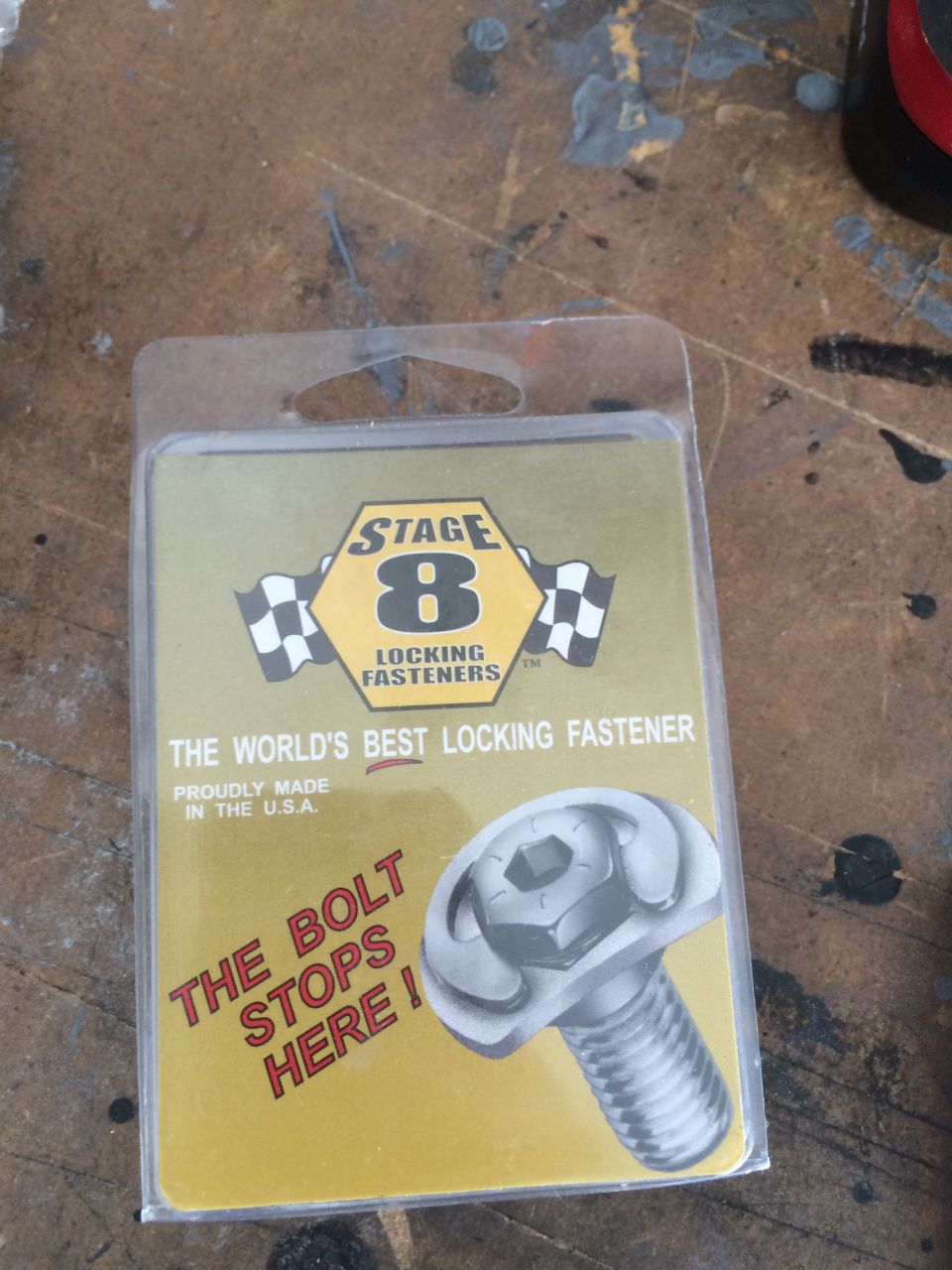 Stage 8 Locking Fasteners package with a bolt illustration. Text reads "The World's Best Locking Fastener"