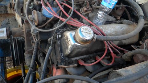 1972 Ford Ranchero - Close-up of a Ford V8 engine, showing the valve cover and spark plug wires.