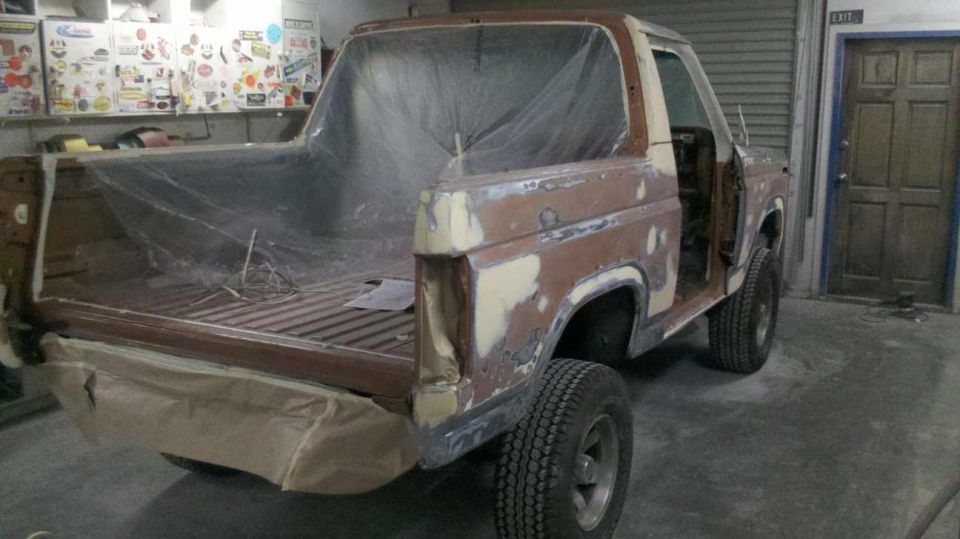 1982 Ford Bronco body in primer, rear view