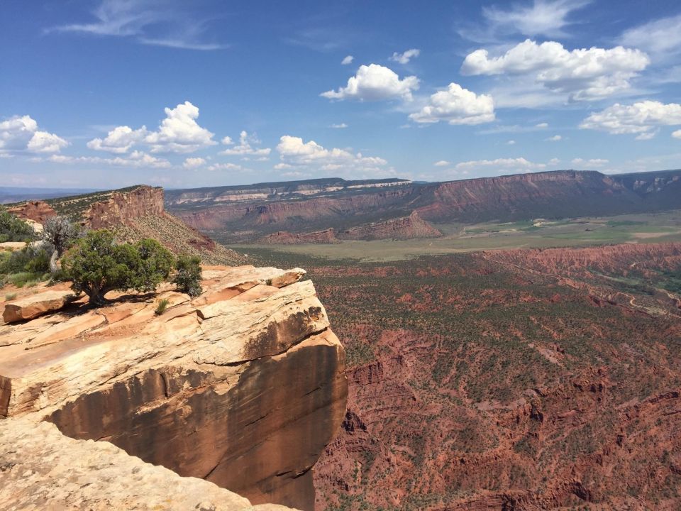 Canyon landscape with red rock formations and green valley under a blue sky with white clouds. A lone tree grows on a cliff edge