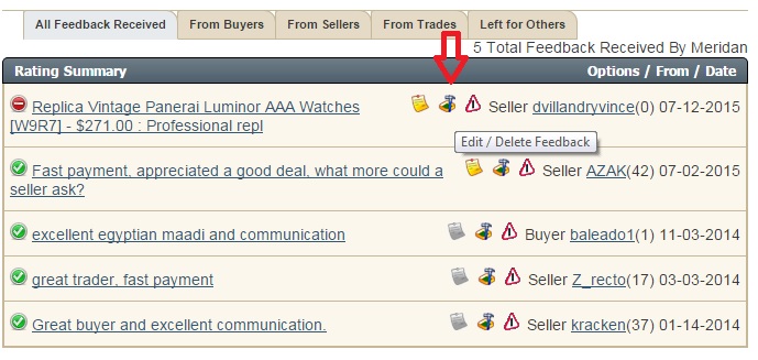 Screenshot of a website showing feedback received by a seller, with entries for watches and other transactions