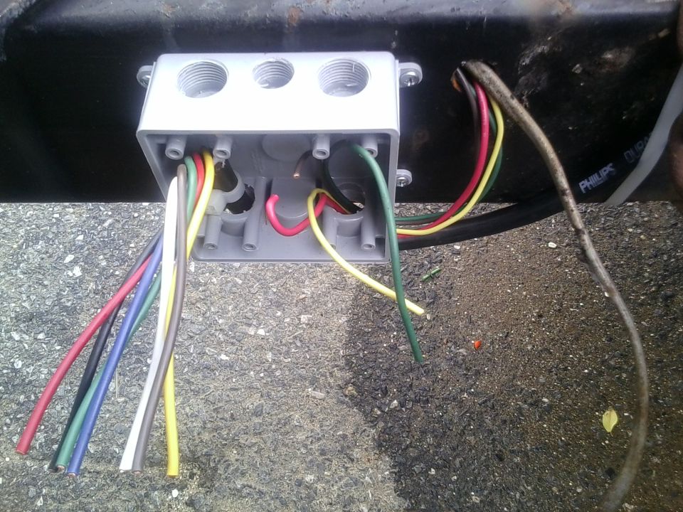 Electrical junction box with multiple colored wires entering and exiting