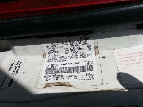 1994 Ford Bronco - This VIN plate shows manufacturing information for a Ford truck.