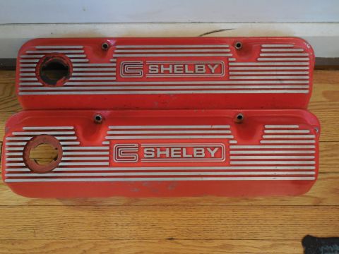 1973 Ford Mustang - Pair of red Shelby valve covers with silver stripes and lettering are shown.