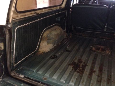 1979 Ford Bronco - The interior cargo area of a 1979 Ford Bronco shows dark green upholstered side panels and a ribbed floor, with visible wear and tear.