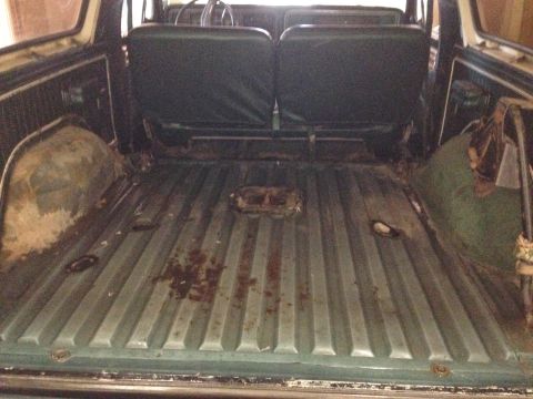 1979 Ford Bronco - Rear cargo area of a 1979 Ford Bronco, showing the ribbed floor and folded rear seats.