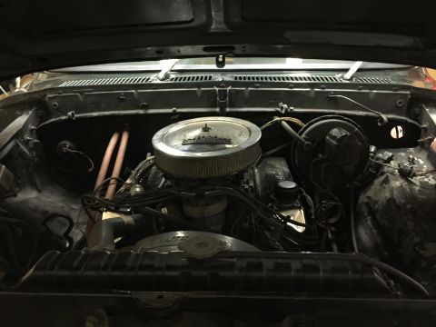 1979 Ford Bronco - The engine bay of a classic Ford vehicle is shown, featuring a V8 engine with a chrome air cleaner and a Ford-branded radiator cap. The eng…