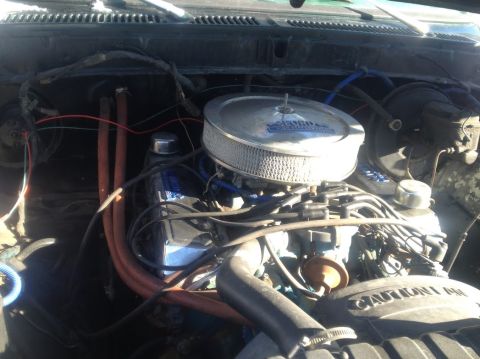 1979 Ford Bronco - The engine bay of a classic Ford Bronco is shown, featuring a chrome air cleaner assembly, blue spark plug wires, and various hoses and wir…