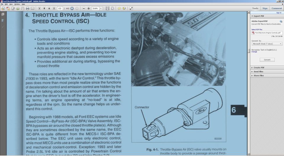 Ford engine controls manual page on Throttle Bypass Air, Idle Speed Control (ISC) with valve photo